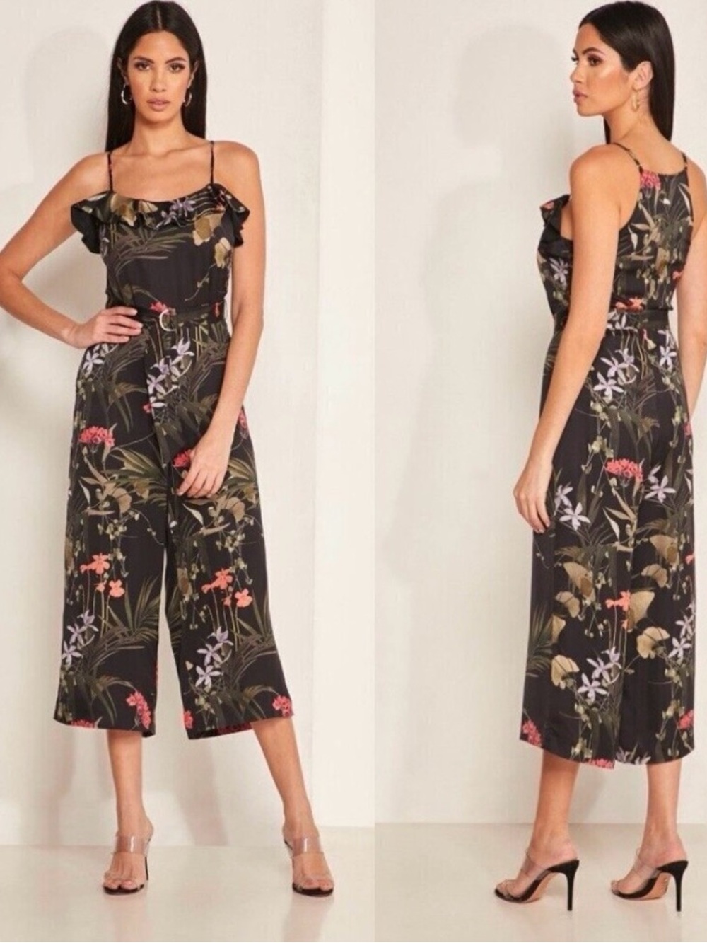 Ted Baker Black Floral Ruffle-Neck Wide-Leg Jumpsuit